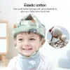 תינוק לובש תומך ראש וצוואר מרופד עם חיוכים עיצוביים שובבים. הטקסט למעלה מתאר את "כותנה אלסטית" כרך ואלסטי לטיפול בראש. תמונה משובצת מציגה צמחי כותנה.