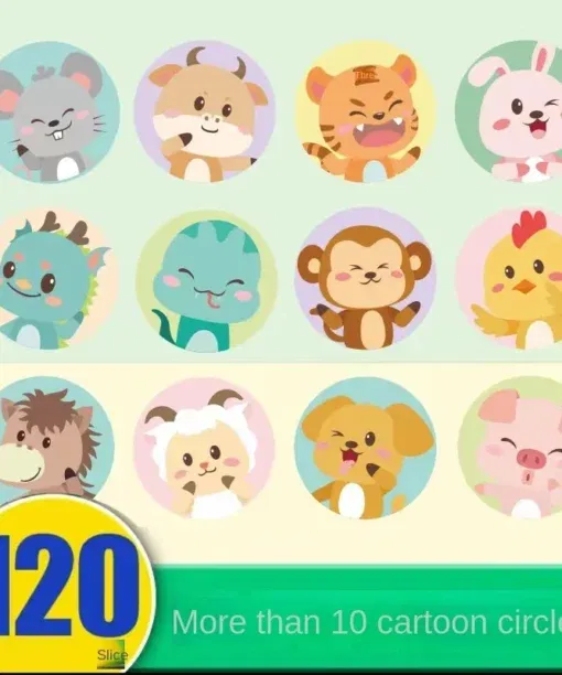 רשת של איורי חיות חמודים ועגולים הכוללים עכבר, פרה, נמר, ארנבת, דינוזאור, חתול, קוף, אפרוח, קיפוד, כבש, כלב וחזיר, עם תג המציג "120" והטקסט "יותר מ-10 מצויר עיגולים" בתחתית.