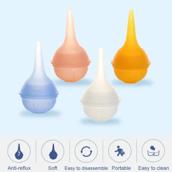 ארבעה שואבי אף בצורת נורה בגווני פסטל של כחול, ורוד, לבן וצהוב מוצגים על רקע תכלת. להלן סמלים המציינים תכונות: אנטי ריפלוקס, רך, קל לפירוק, נייד וקל לניקוי.