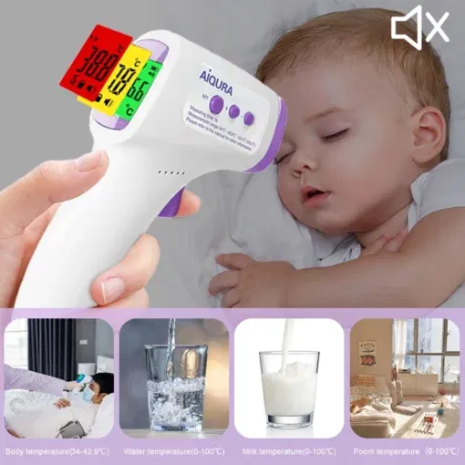 אדם משתמש במדחום אינפרא אדום לבן וסגול ליד מצחו של ילד ישן. התצוגה מציגה קריאות טמפרטורה בצבעים שונים. למטה, תמונות מתארות את השימושים השונים של המדחום: גוף, מים, חלב וטמפרטורת החדר.